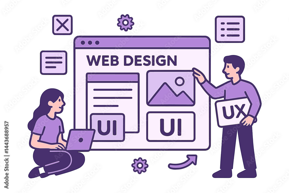 Poster the design of a web page is being worked on by designers, incorporating web design, ui, ux content o