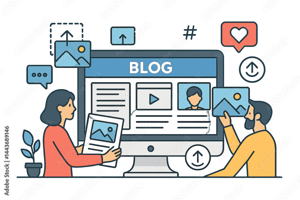 Poster the process of filling out the blog page with content involves uploading articles and media material