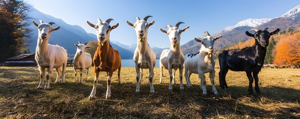 Diverse group of goats poses in a mountain meadow
