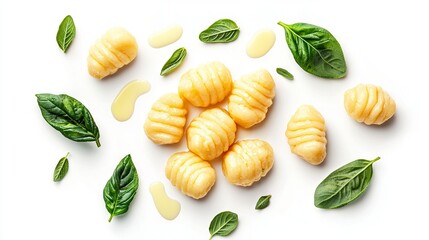   A detailed shot of various dishes on a pure background, featuring fresh greens above and below