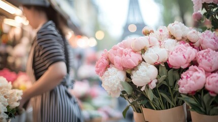 Woman at flower market with pink and white flowers in foreground.