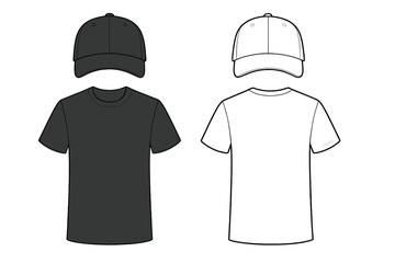 A collection of sports wear templates, including a black and white baseball cap and t-shirt mockup, showcasing front and back views, presented as a vector illustration