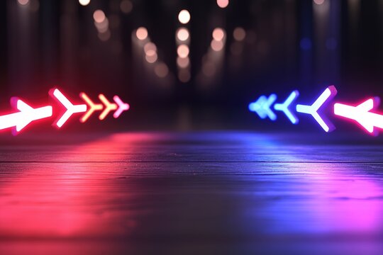 Illuminated arrows converging red and blue neon lights directional signals abstract background - Powered by Adobe