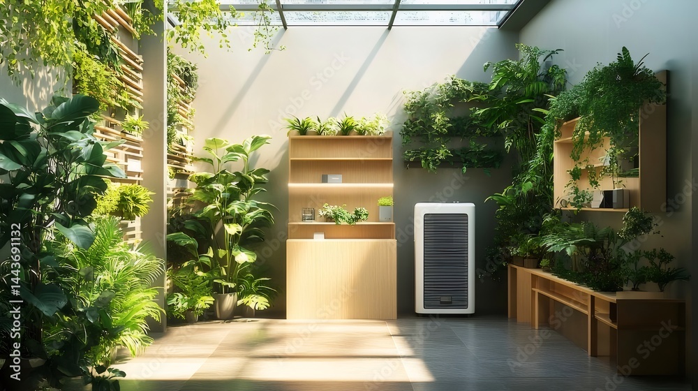 Poster 明るい日差しが入るモダンな屋内庭園 緑豊かな植物と木製の棚が配置された室内空間