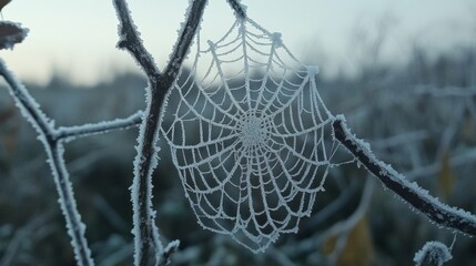 Frozen Spiderweb Adorns A Winter Branch