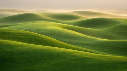   A serene field of green grass with distant hills surrounded by foggy skies in the distance