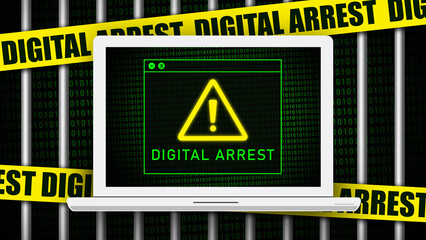 White laptop on black background displays binary code grid with yellow triangle/red exclamation...