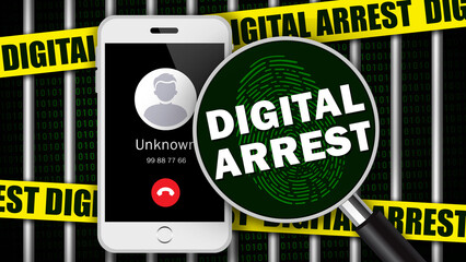 Smartphone displays unknown call; magnifying glass reveals 'DIGITAL ARREST' fingerprint. Yellow caution tape wraps metal bars, binary code backdrop. Flat black/white graphic, ominous digital security 