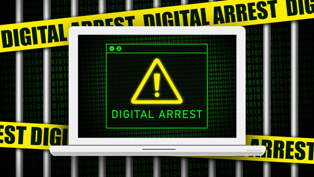 White laptop on black background displays binary code grid with yellow triangle/red exclamation mark and "DIGITAL ARREST" text. Wrapped in caution tape bars, symbolizing cybersecurity threat. Vibrant 