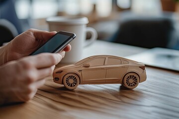A person using a phone near a model car