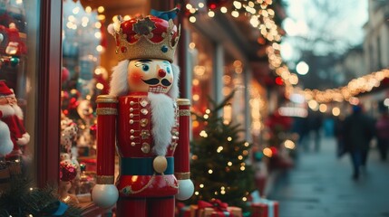 Fototapeta premium Ornate nutcracker figurine adorns a festive Christmas shop window.