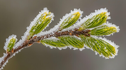 Fototapeta premium Frosty pine branch, winter detail, close-up, blurred background, nature photography