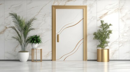 Elegant gold door in marble hallway, plants. Interior design