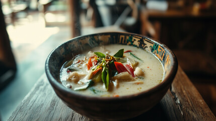 Tom Kha soup in traditional bowl with herbs on rustic table