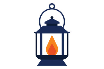 Stylized vintage navy blue kerosene lantern with orange flickering flame inside