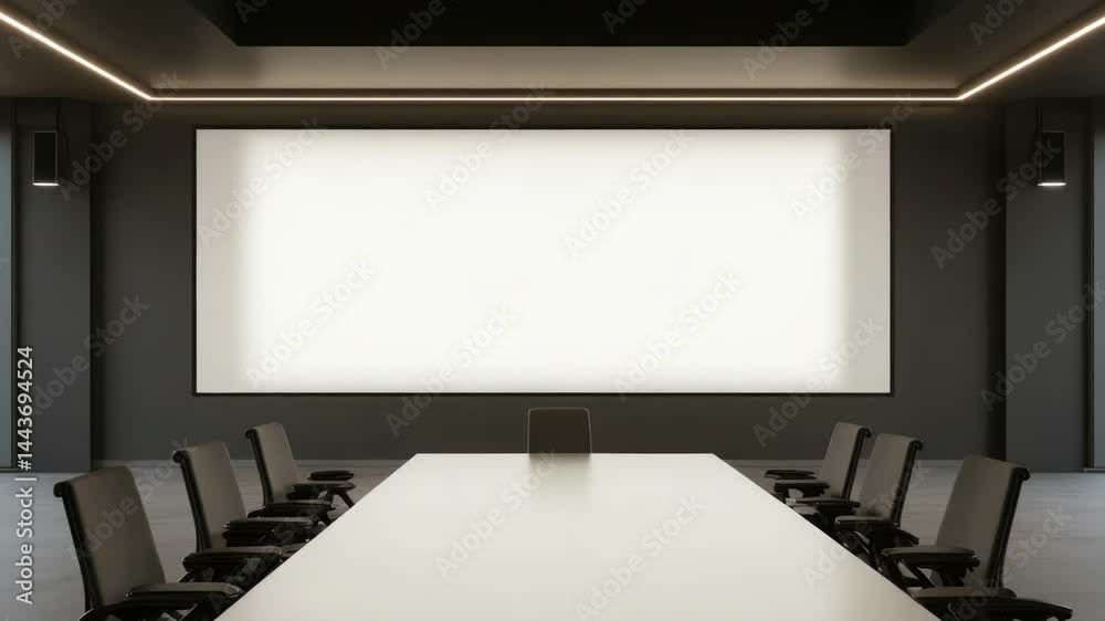 Poster a standard conference room setup with a projector screen and chairs