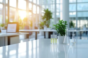 Lab glassware with plant modern bright science workplace