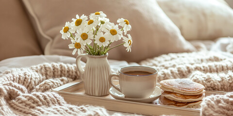 Bedside Brunch: Pancakes and coffee served on a tray over a soft neutral blanket, ready for text