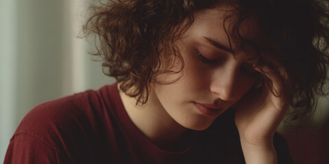 Close-up of young person with curly brown hair, head bowed, hand touching face, wearing maroon shirt, conveying contemplation or sadness