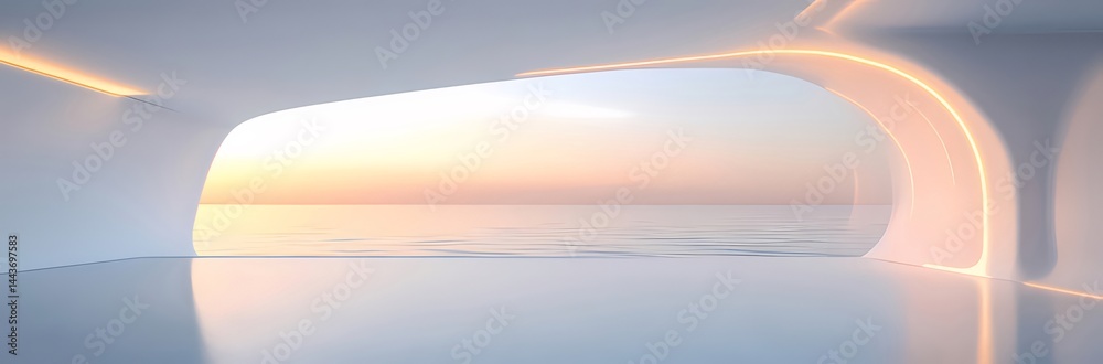 Aufkleber 夕焼けと海のある未来的な空間 白い建築と光の美しい風景