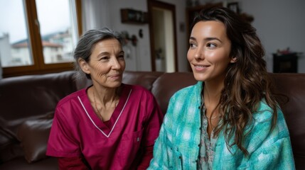 Fototapeta premium Elderly woman and young woman sitting on a sofa chatting at home, warm family moment, indoor lifestyle scene