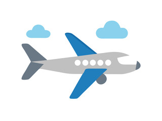 Naklejka premium A modern airplane soaring through a bright sky, with fluffy clouds scattered around. This illustration depicts a journey, adventure, and the freedom of flight. 