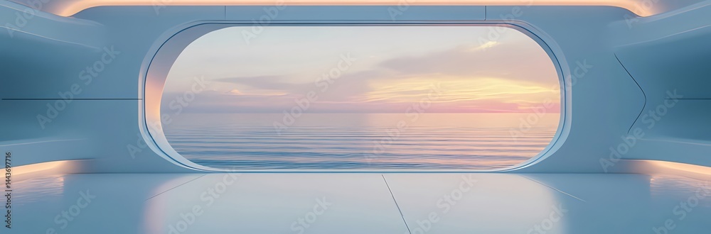 Aufkleber 未来的な部屋の窓から見える夕焼け時の海景色の抽象的な風景