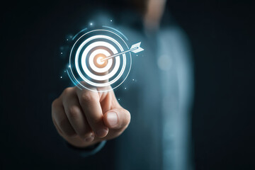 Business achievement objective target concept, strategic planning for business growth and target customer group. Businessman holding target icon for business objective