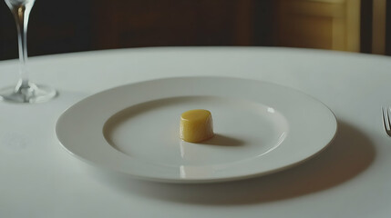 Elegant restaurant dessert; single, golden, cylindrical pastry on white plate; blurred background shows upscale dining room; perfect for food blogs and restaurant menus