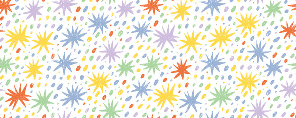 Colorful seamless pattern with funky crayon drawn stars and dots. Hand drawn childish cosmic vector background.