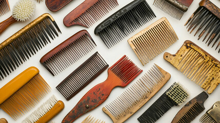 Vintage combs and brushes collection on white background, showcasing various materials and styles. Ideal for hair care, beauty, or antique themed projects