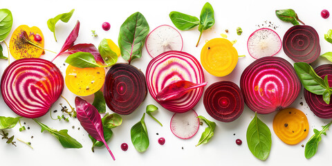 Minimal food background with vibrant beet salad arranged in aesthetic patterns on white plate, ample copy space for menus or blogs