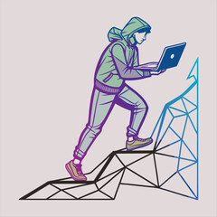 Isometric Illustration of Developer Launching Rocket Startup with Laptop and Futuristic Interface.