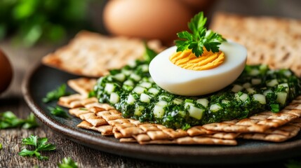 Hard boiled egg atop spinach and cracker appetizer