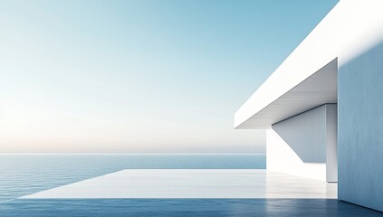 Obraz premium Modern seaside home exterior. Spacious, minimalist architectural design with an open terrace overlooking the ocean