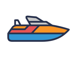 A colorful illustration of a motorboat. The boat is depicted with bold lines and vibrant colors.