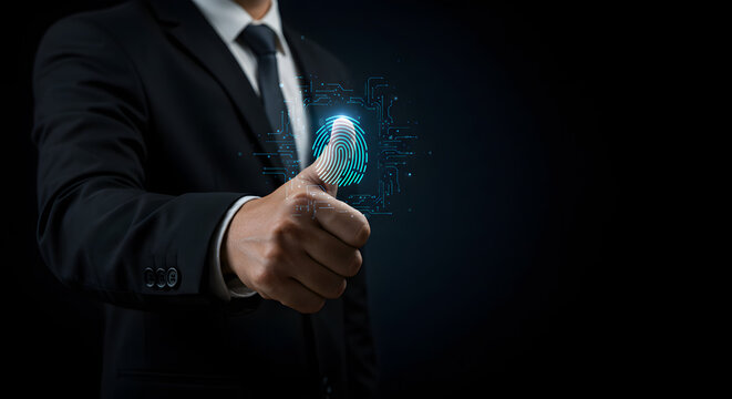 Man in suit giving thumbs up with digital fingerprint overlay against a dark background image showing security