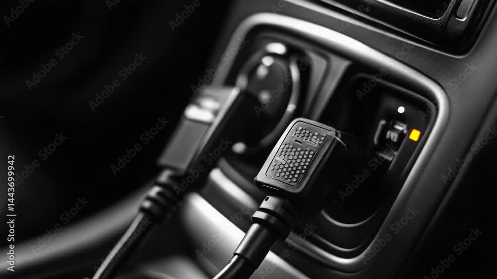 Poster a car charger plugged into a car's dashboard, ready for use