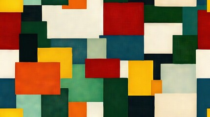 Fototapeta premium A vibrant painting featuring a mix of green, red, yellow, orange, and white hues arranged in square and rectangle patterns