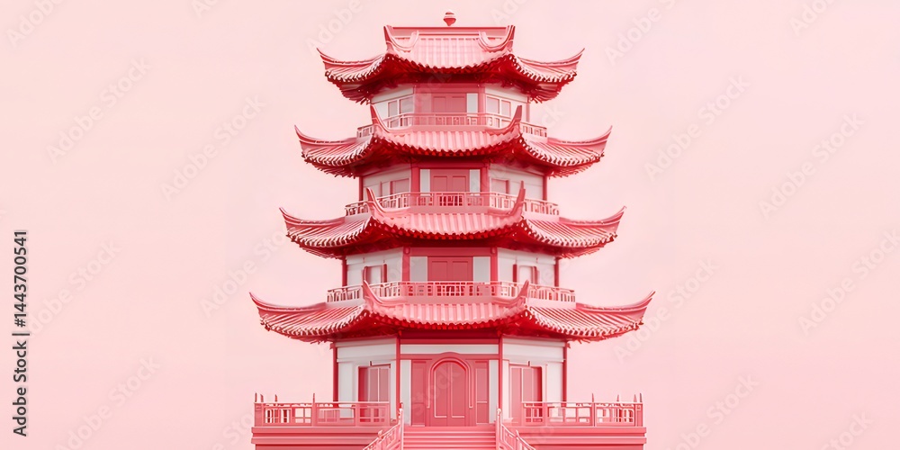 Aufkleber ピンク色基調の中国風建造物 赤い屋根と装飾が特徴的 空背景の伝統的建築物
