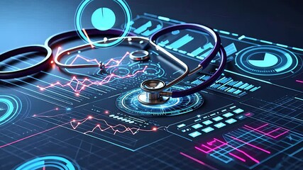 Futuristic medical dashboard with stethoscope and digital patient health data - Powered by Adobe