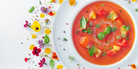Blossom Bowl: Tomato soup brightened by flower petals against a stark background