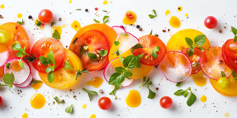 Abstract Gazpacho Art: Vivid soup palette on a white field with color drips framing the bowl