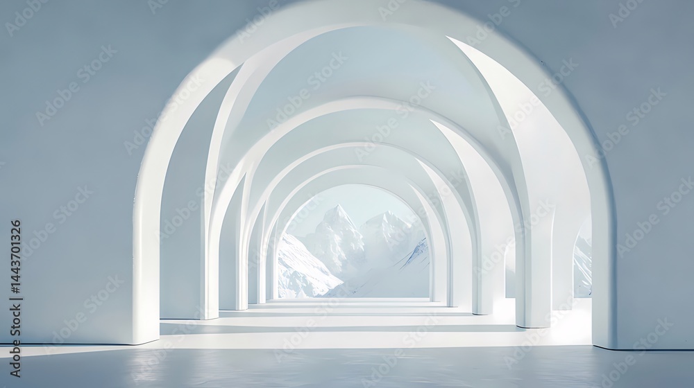 Poster 白く連なるアーチ状の通路と遠景に雪山が望める冷涼感ある空間デザイン