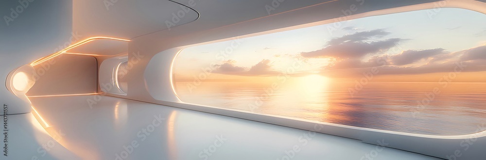 Poster 未来的な建築空間から夕焼けの海を望む幻想的な風景 白を基調としたモダンデザインと穏やかな光のコントラスト