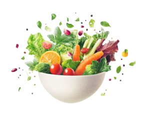 Top-view healthy salad vibrant ingredients flying in the kitchen isolated on transparent background