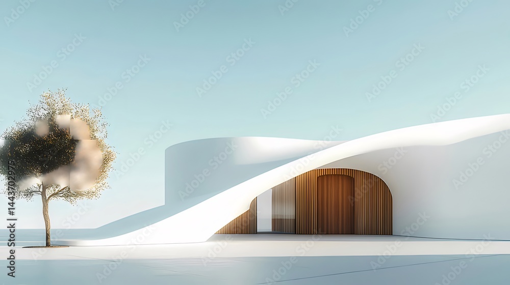 Poster 白い曲線的な建築デザインの屋外シーン 鮮やかな青い空と木々のシルエットが特徴的なミニマルな風景