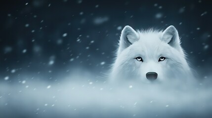 Naklejka premium White wolf with blue eyes stands in snow with snowflakes falling from the sky and snowflakes on the ground
