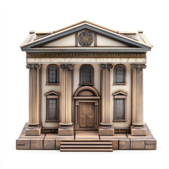 Fototapeta premium Ornate, classical-style building model. Detailed facade, columns, pediment, and steps. Beige and brown tones