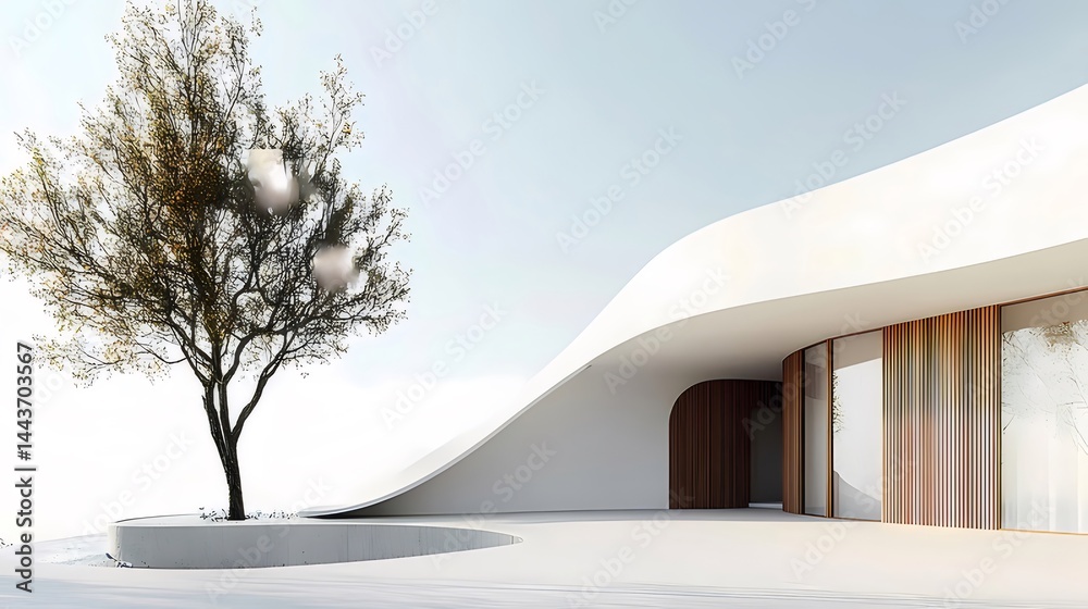 Poster モダン建築の白い建物と木 屋外の昼間のデザイン要素と青い空 美しい光と影の風景